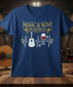 Music & Wine Heartbeat T-Shirt design with a heartbeat graphic, guitar, and wine glass