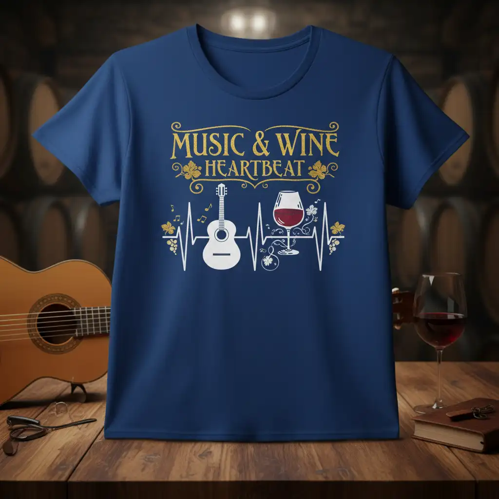 Music & Wine Heartbeat design showing a heartbeat pulse with a guitar and wine glass, for music and wine lovers