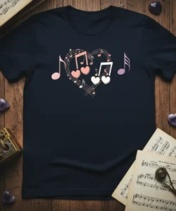 Musical Heart Notes T-Shirt design featuring a heart shape made of musical notes and pink and white hearts
