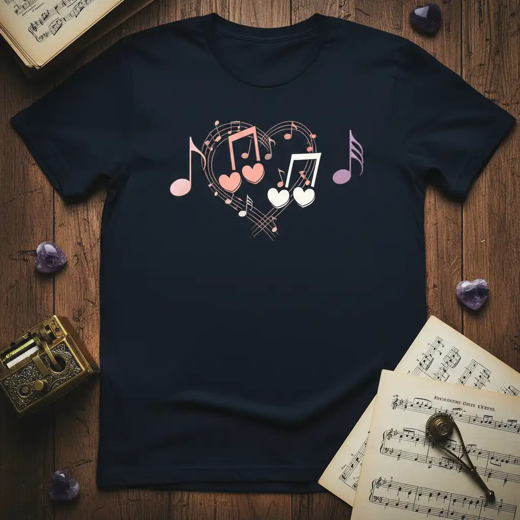 Musical Heart Notes eye-catching design printed on soft premium material creating a standout t-shirt