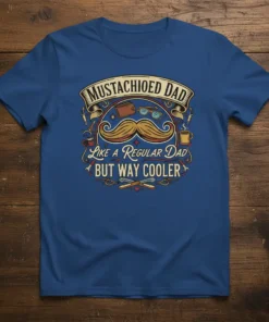 Mustachioed Dad Like a Regular Dad But Way Cooler text and mustache graphic on a blue t-shirt