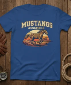 Mustangs Assemble T-Shirt with a wild horse running in a desert at sunset graphic
