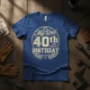 Blue t-shirt with distressed text "My 2nd 40th BIRTHDAY" in a circular design, featuring gears and laurel wreath