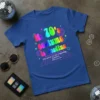 My 70's costume is loading server error text design on a blue t-shirt with disco balls and retro grid graphics