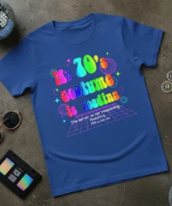 My 70's costume is loading server error text design on a blue t-shirt with disco balls and retro grid graphics