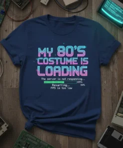 T-shirt with neon text "MY 80'S COSTUME IS LOADING" and retro computer loading bar graphic
