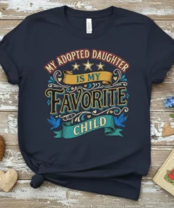 My Adopted Daughter Is My Favorite Child quote in decorative font on a navy t-shirt, with banner and birds