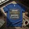 Blue t-shirt with gold and white text quote "My apologies to anyone I've not yet OFFENDED I will get to