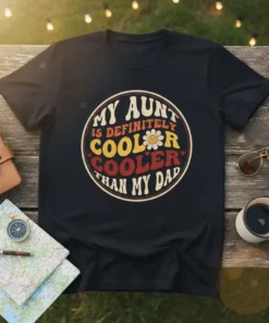 Black t-shirt with circular retro design text "My Aunt Is Definitely Cooler Cooler Than My Dad" and a smiling flower