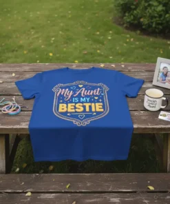 Blue t-shirt with "My Aunt IS MY BESTIE" text in decorative gold and pink lettering, featuring heart accents