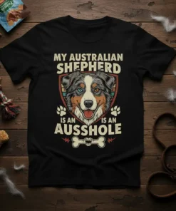 My Australian Shepherd Is An Ausshole funny dog t-shirt with a shield graphic of an Australian Shepherd dog face