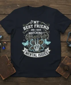 Text "My Best Friend And I Have Matching Mental Issues" with skeleton hand peace sign and gears graphic on a