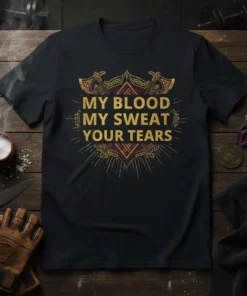 My Blood My Sweat Your Tears motivational quote t-shirt with Viking axe graphics