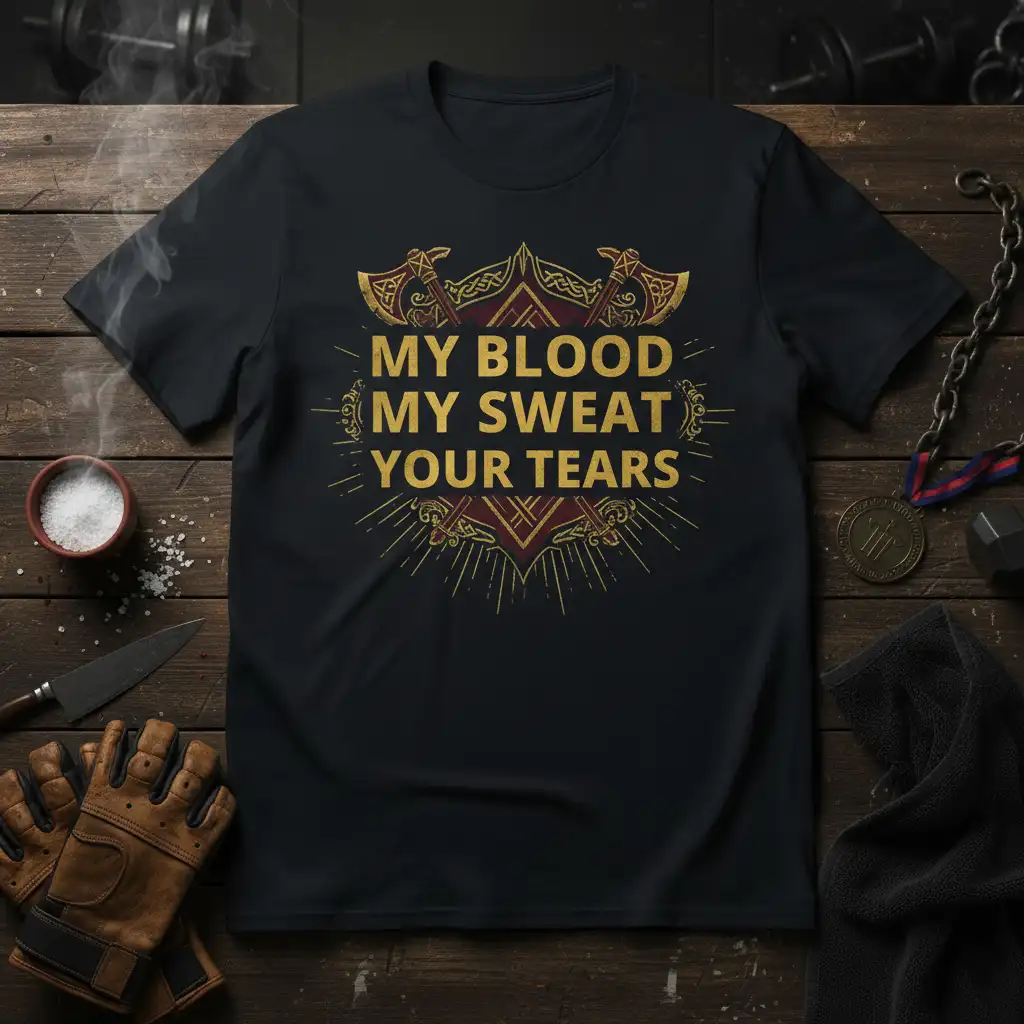 My Blood My Sweat Your Tears motivational quote design with Viking axes, printed on a black t-shirt