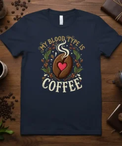 My Blood Type Is Coffee T-Shirt featuring a coffee bean with a heart and text, surrounded by a laurel wreath