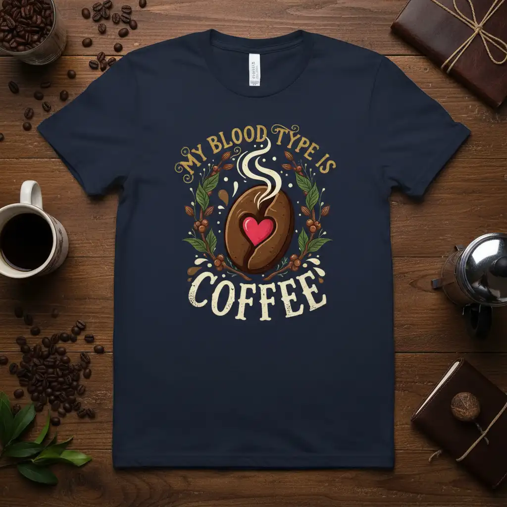 My Blood Type Is Coffee phrase with a stylized coffee bean graphic and laurel wreath on a t-shirt