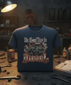 My Blood Type Is Diesel T-Shirt featuring a detailed graphic of a diesel engine with smoke effects and gothic-style lettering