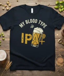 My Blood Type is IPA+ text with a glass of IPA beer and hops graphic on a navy t-shirt