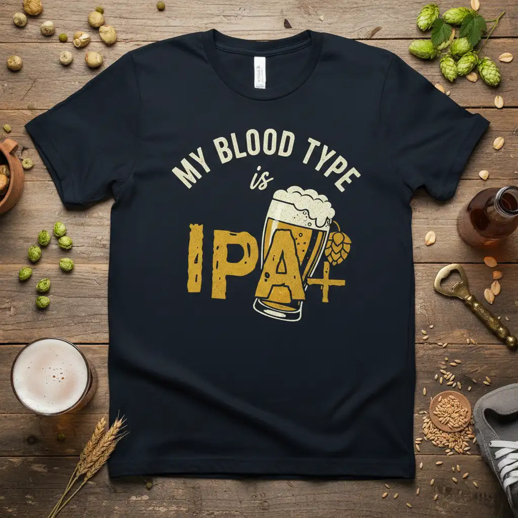 My Blood Type is IPA+ text with frothy IPA beer glass and hops graphic, bold design
