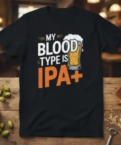 My Blood Type Is IPA+ t-shirt design with a beer glass graphic and bold typography