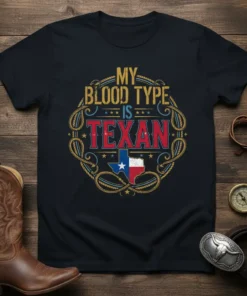 My Blood Type Is Texan T-Shirt featuring the Texas flag map within a rope border and distressed text