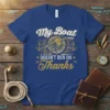 My Boat Doesn't Run On Thanks text with boat fuel nozzle graphic and nautical compass on a blue t-shirt