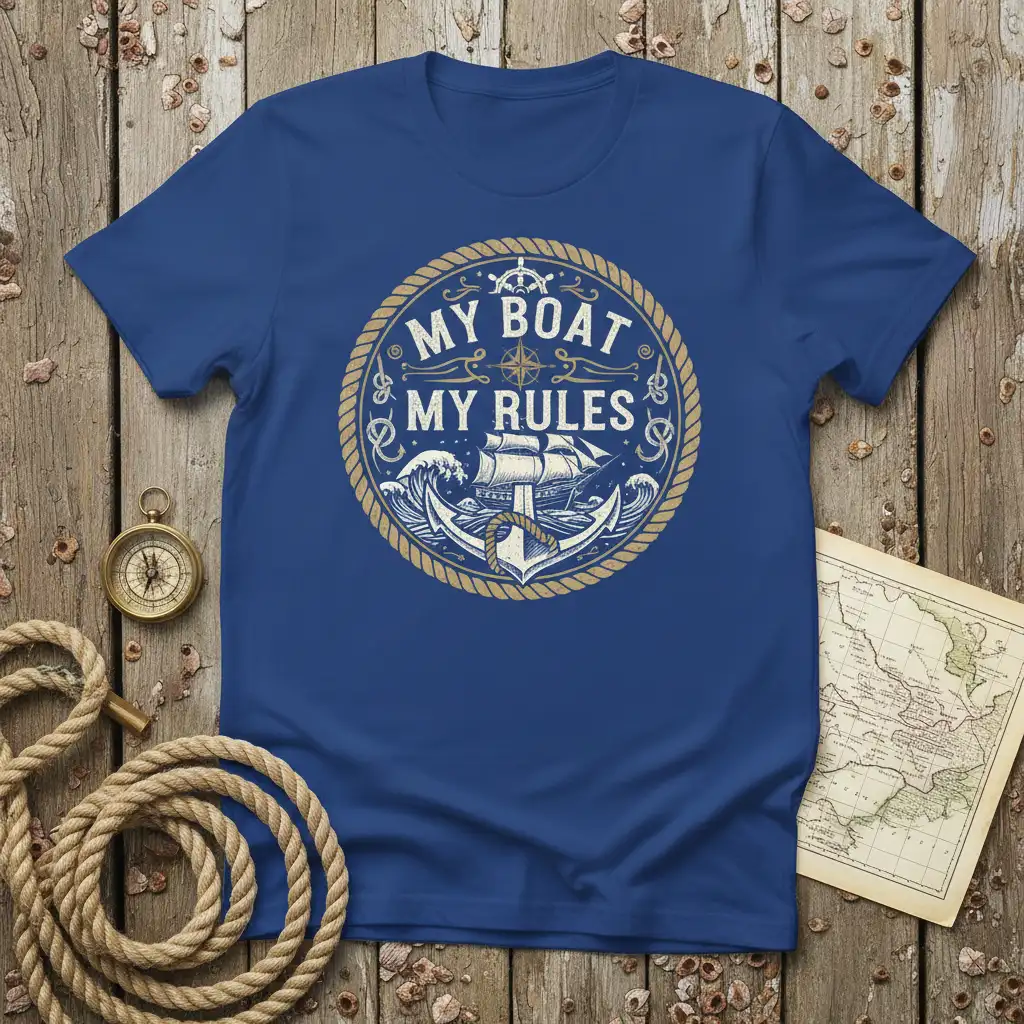 My Boat My Rules nautical design with ship, anchor, and waves on a blue t-shirt