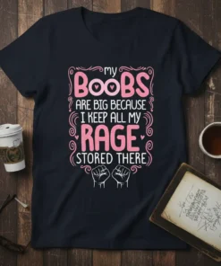 My Boobs Are Big Because I Keep All My Rage Stored There quote t-shirt with pink decorative elements and clenched
