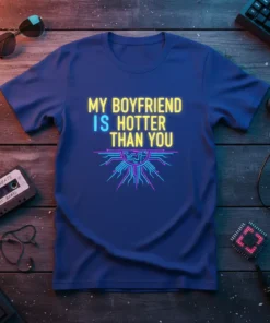 T-shirt with bold yellow and blue text "MY BOYFRIEND IS HOTTER THAN YOU" and a neon circuit graphic