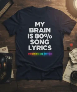 My Brain Is 80% Song Lyrics text with colorful equalizer graphic on a navy t-shirt