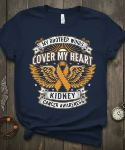 My Brother Wings Cover My Heart Kidney Cancer Awareness t-shirt with orange ribbon and wings graphic