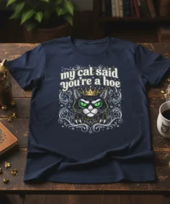 My Cat Said You're A Hoe t-shirt design with a regal black cat wearing a crown and bold white text