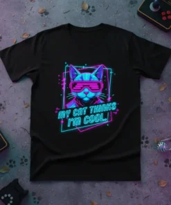 Black t-shirt featuring neon graphic of a cat wearing retro gamer glasses with text "my CAT THINKS I'M COOL."