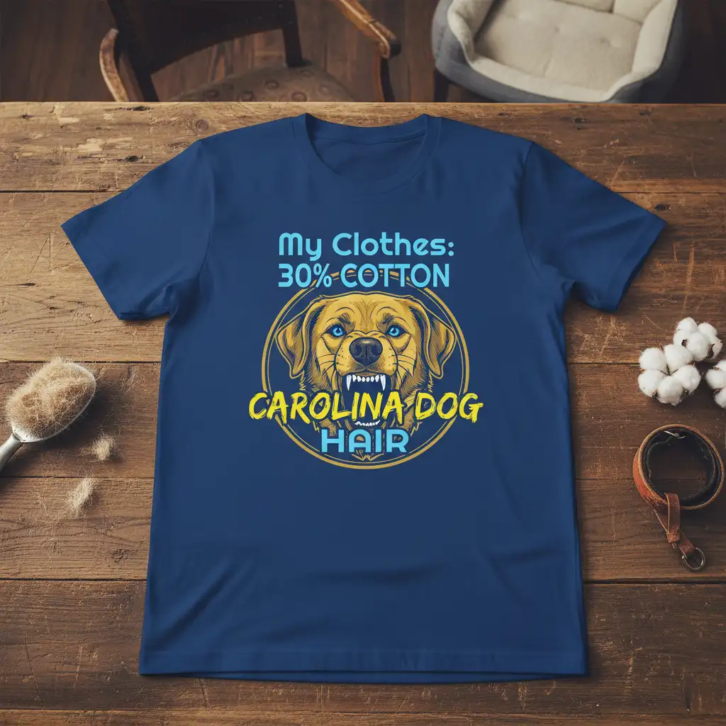 My Clothes: 30% COTTON CAROLINA DOG HAIR design featuring a dog's face and text about dog hair