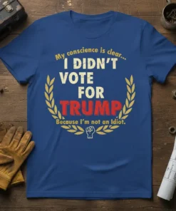 Political t-shirt with text "My conscience is clear... I DIDN'T VOTE FOR TRUMP Because I'm not an Idiot." in distressed