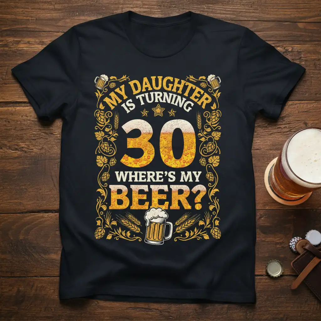 My Daughter Is Turning 30 Where's My Beer humorous quote on a black t-shirt design