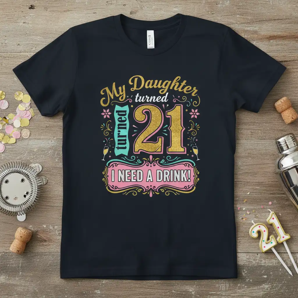 My Daughter Turned 21 I Need A Drink quote t-shirt in festive gold and pink typography