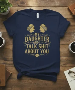 Navy t-shirt with gold glitter text "My Daughter And I Talk Shit About You" featuring two profile illustrations of women