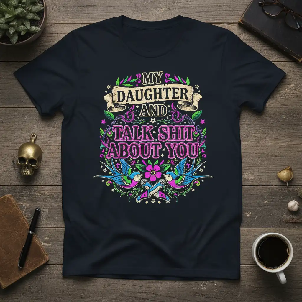 My Daughter And Talk Shit About You quote in vibrant pink and purple text on a black t-shirt, adorned with swallows and
