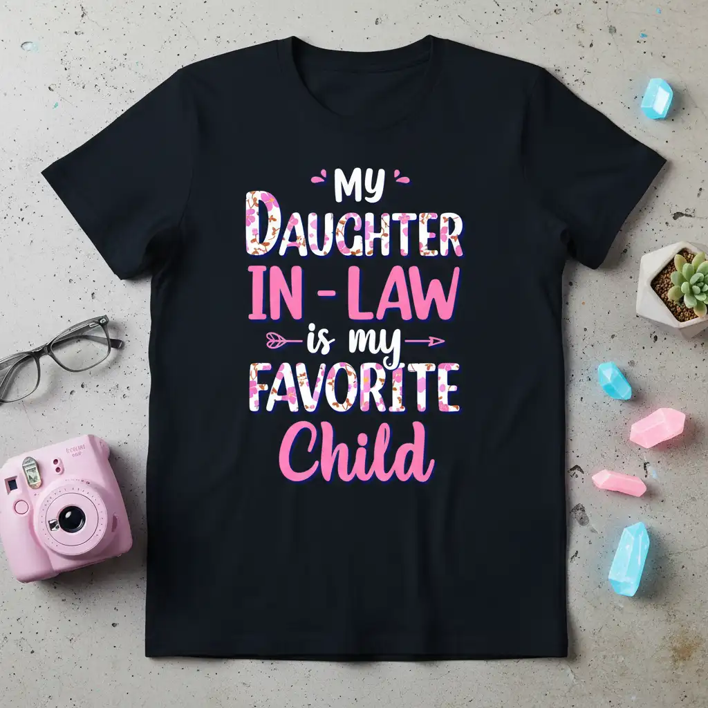 My Daughter In-Law is My Favorite Child quote in pink and floral typography on a black t-shirt
