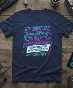 Graphic tee with neon text reading "MY DOCTOR JUST GAVE ME A JOINT REPLACEMENT REPACMENT IN MY SHOULDER" in a