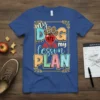 My Dog ATE My Lesson PLAN quote with playful typography, dog paw print, and apple graphic on a royal blue