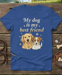Blue t-shirt with the text "My dog is my best friend" and illustrations of a Golden Retriever and a Jack