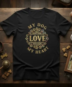 Black t-shirt with "MY DOG LOVE my HEART" text in a decorative golden font, surrounded by paw prints and floral