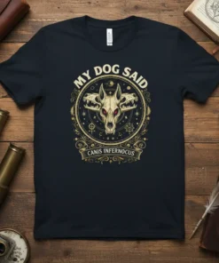 Gothic t-shirt design featuring the text "My Dog Said Canis Infernocus" and a three-headed dog skull graphic