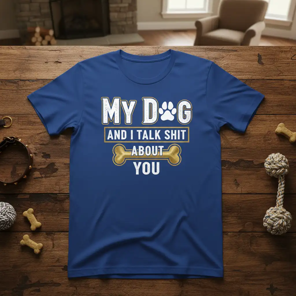 My Dog And I Talk Shit About You humorous quote with dog paw and bone graphic