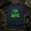 My Dog And I Talk Shit About You quote on a navy t-shirt, featuring bulldog and person graphics with a