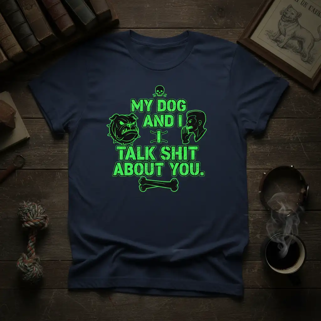 My Dog And I Talk Shit About You quote with bulldog and whispering man graphics on a dark t-shirt
