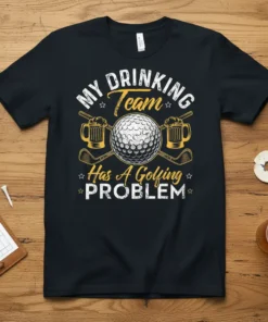 My Drinking Team Has A Golfing PROBLEM text and graphics on a black t-shirt with golf ball, clubs, and beer