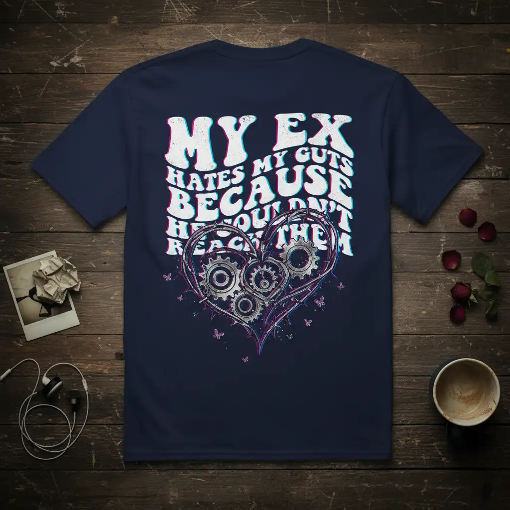 My Ex Hates My Guts quote design with mechanical heart graphic and butterflies on a navy tee